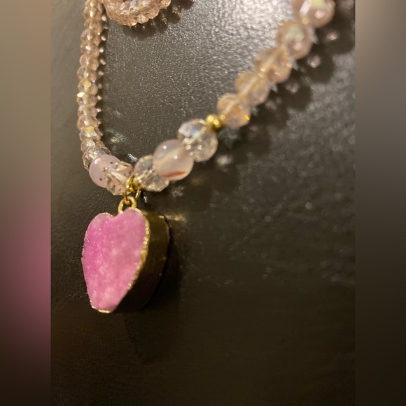 Pink Heart Pendant Necklace with beautiful shiny beads and pink earrings . - Picture 5 of 14